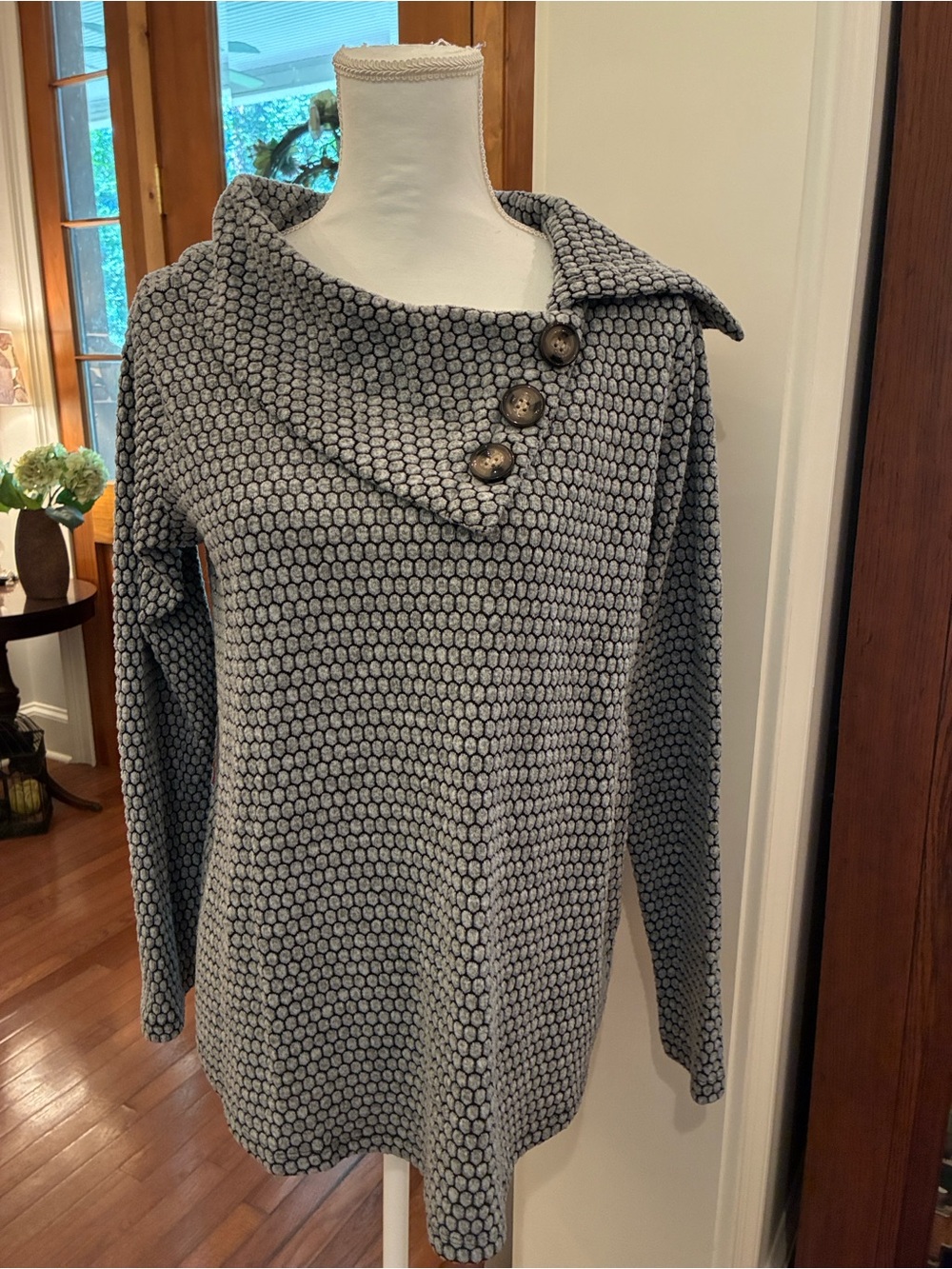 New York Laundry Gray Textured Honeycomb Knit Asymmetric Cowl Neck Tunic Sweater